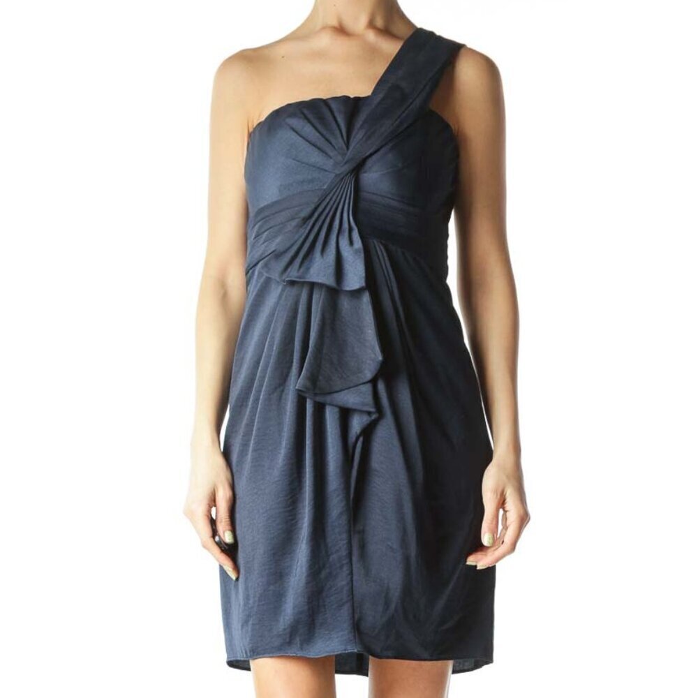 BCBG MaxAzria Navy Blue Shoulder-Strap Ruffle-Detail Cocktail Dress - Picture 1 of 3